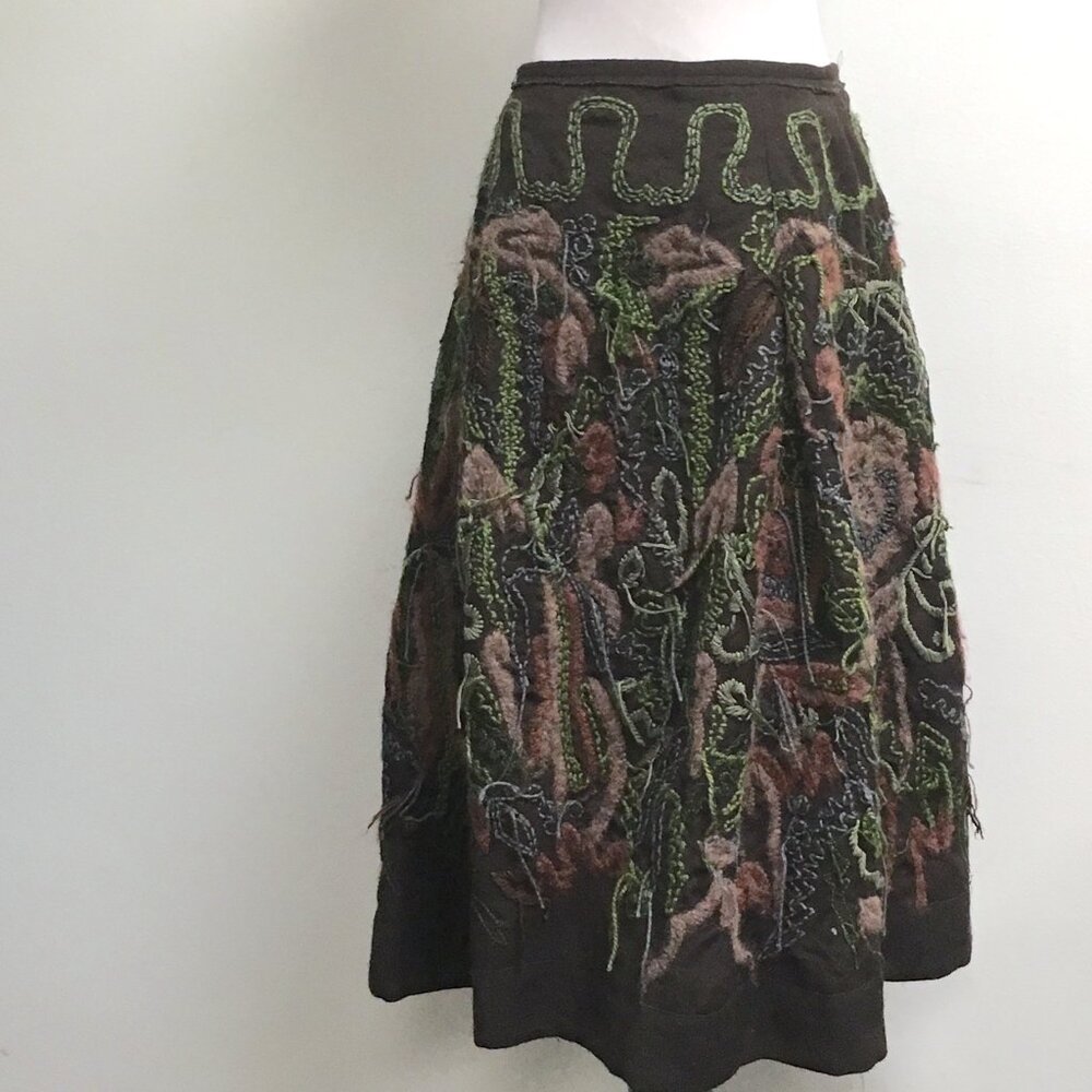 Just in Case brown pink wool embroidered midi full skirt boho hippie M L 44